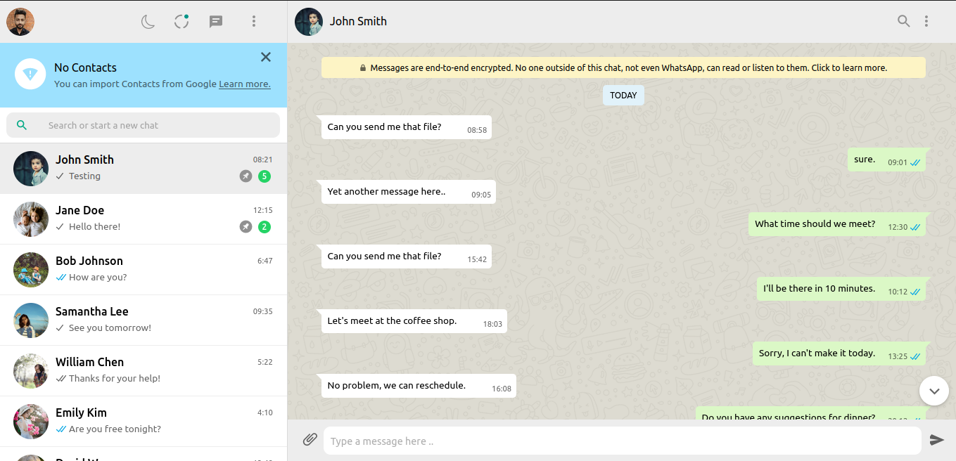 WhatsApp Web 淺色主題下的完整聊天介面